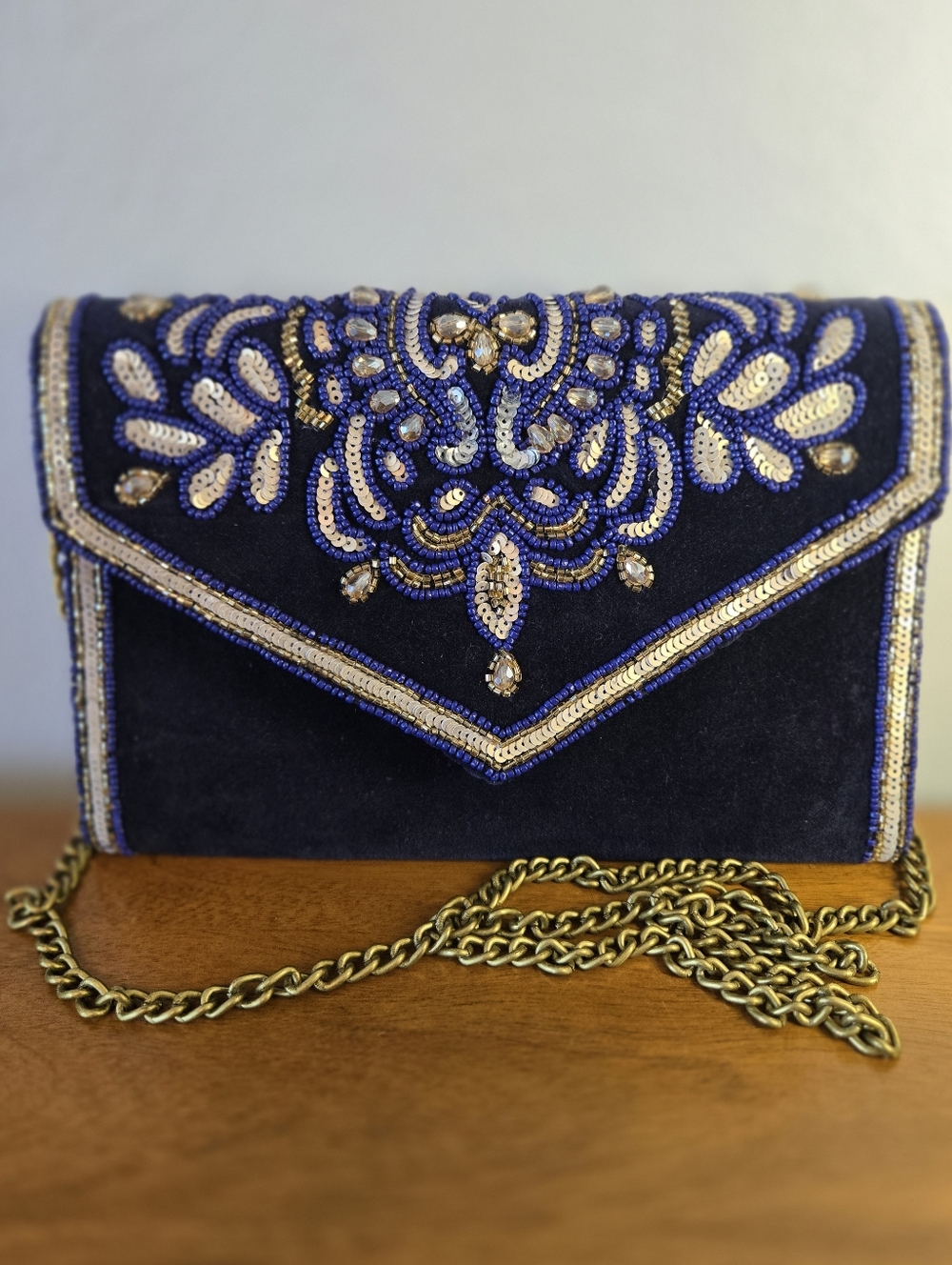 America & Beyond Beaded Embellished Navy Envelope Clutch with Gold Accents